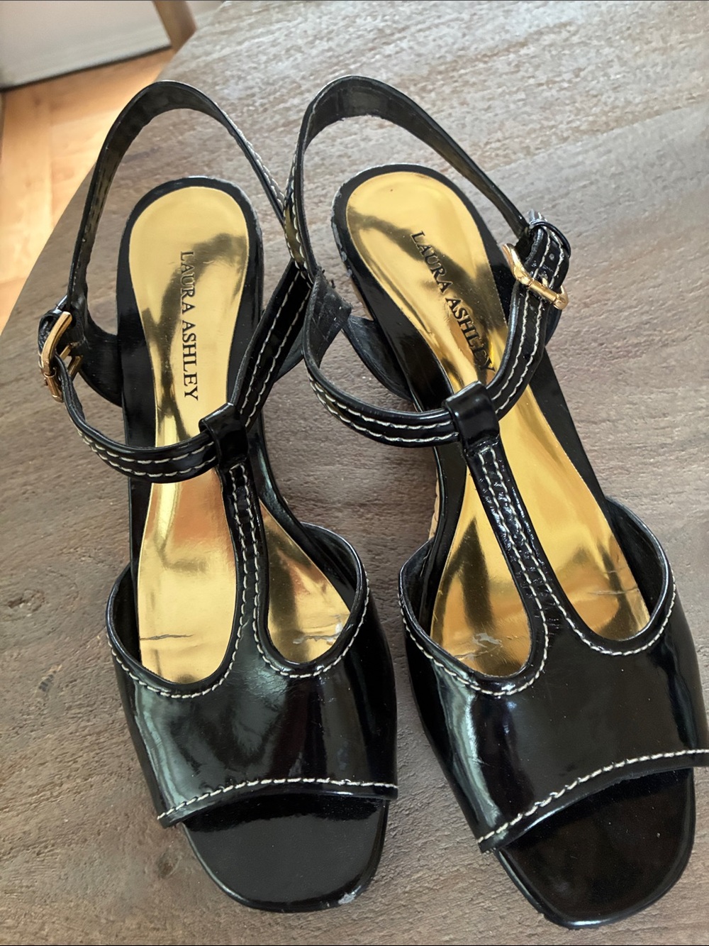 Laura Ashley Black Patent T-Strap Heels with Gold Insole
